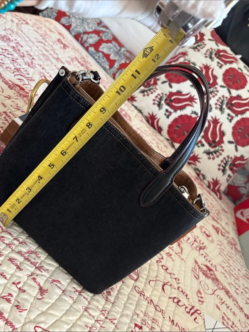 Authentic COACH Black Denim Willow Tote w Blk/Red Trimmed Leather